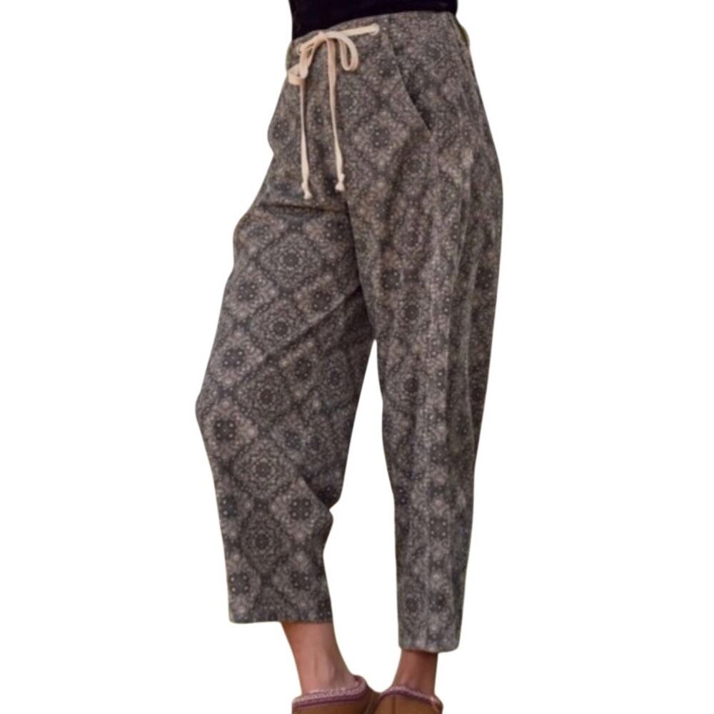 Oddi Boho Print Drawstring Pants Size Small Brown Corduroy Tapered Leg